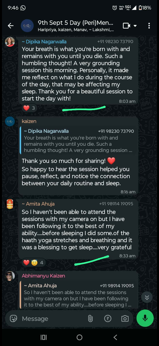 A WhatsApp message from a Kaizen member describing their experience