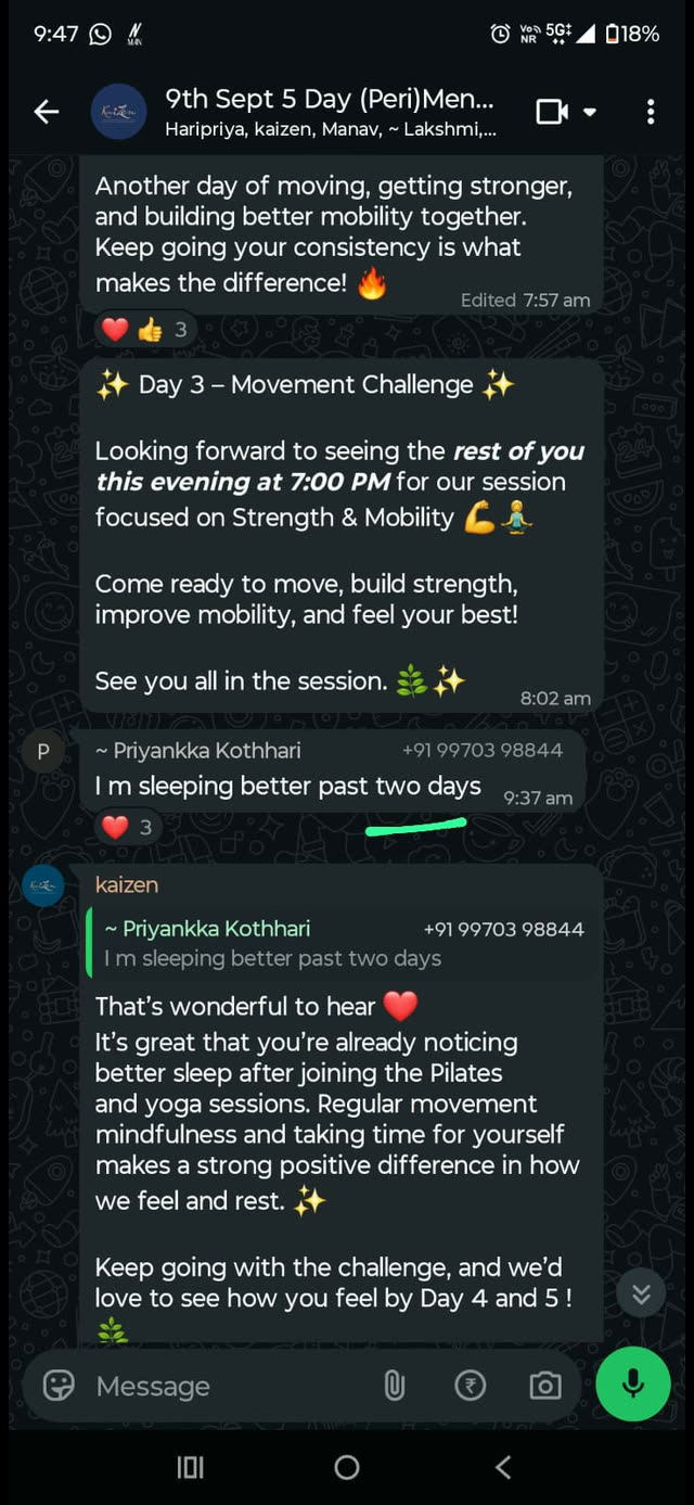 A WhatsApp message from a Kaizen member describing their experience